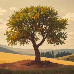 a large tree on the side of a hill in the wilderness,a tree sits alone in the middle of an open area