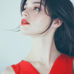 a woman with long black hair and red lipstick