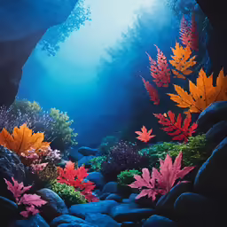 an image of seaweed and leaves in the water