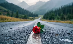 a red rose laying on the middle of a road
