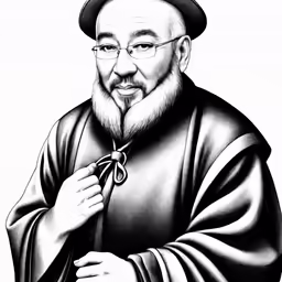 an oriental style portrait with a priest wearing glasses and holding a small object