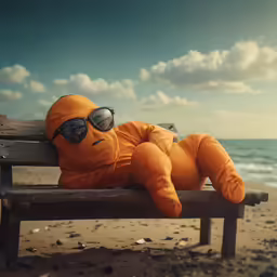 a stuffed toy is wearing sunglasses on a bench
