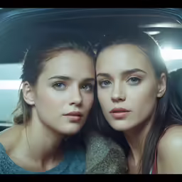 two young ladies are sitting in the back seat of a car