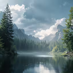 trees and mountains are near the water as the sun shines