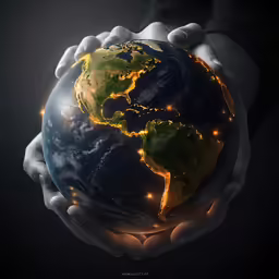 a man holding a light - up globe with city lights
