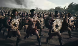 a row of people in roman costumes during a battle