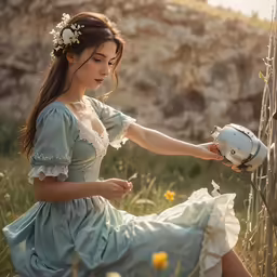 a beautiful woman wearing a long blue dress sitting in the grass with her hand on a teapot