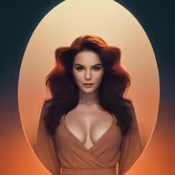 a woman with long red hair wearing a brown dress