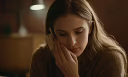 young woman wearing tan sweater sitting at a table in a pub holding cell phone to her ear