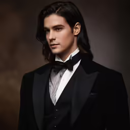 a man wearing a black tuxedo and tie