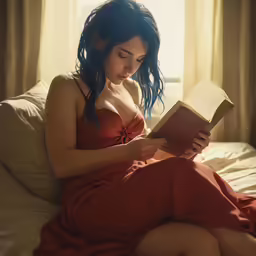 a woman sitting in bed holding an open book