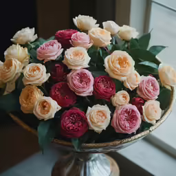 an artistic display of flower arrangements is pictured on a pedestal
