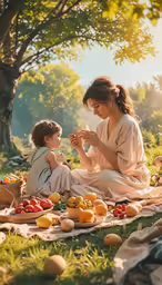 woman and child on the grass eating a meal