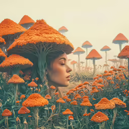 an image of a woman surrounded by orange mushrooms