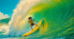 a woman in yellow shirt riding yellow surfboard,a man that is standing on a surfboard in the water