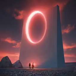 two people are standing outside near the big object
