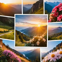 the photo collage depicts the colors of flowers in mountains and valleys
