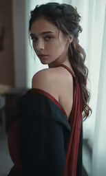 a young woman with very large breast standing next to a window
