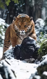 a large tiger walking through a snow covered forest