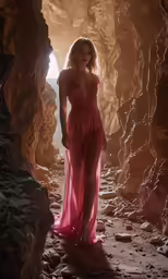 a beautiful blond haired woman in a red dress