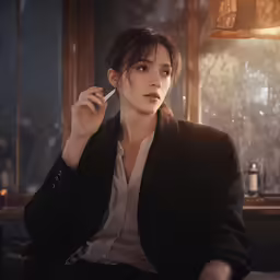 a woman sitting in front of a lamp smoking a cigarette