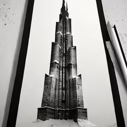 a drawing of a clock tower stands high above a snow - covered area