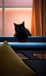 black cat with yellow eyes sitting on rail in front of window