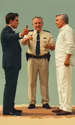 two men are talking to two uniformed officers