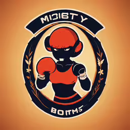 a woman boxer with a boxing glove, in a circle saying mighty born,a red and black sticker depicting an evil looking female fighter with boxing gloves