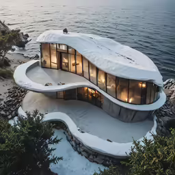 a modern home sits in the snow, on top of the water