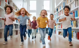 there are many children running in a library