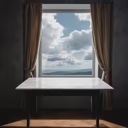an empty table is against the backdrop of open windows