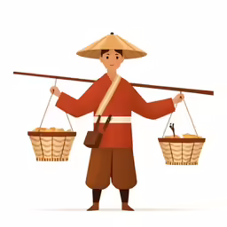 the asian man holding baskets of food on his shoulders