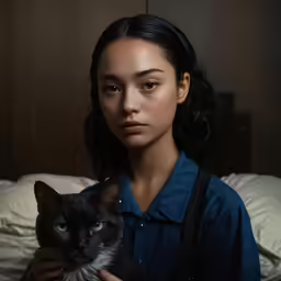 a woman holds a cat that looks sad