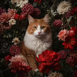 a cat sitting in some flowers looking at the camera