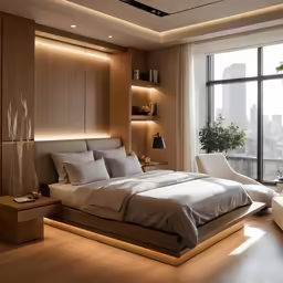 a modern bedroom has an oversized bed with a beige head board