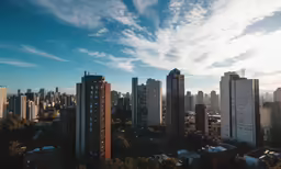 the sky is very cloudy and very high rise buildings