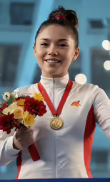 woman in uniform holding up gold and red flowers