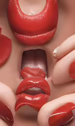 the beautiful lips are all red, but the nails appear to be very long