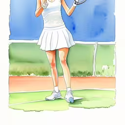 a female tennis player on the court playing tennis,a drawing of a young lady playing tennis,a watercolor and ink drawing of a woman holding a tennis racket,a woman with a tennis racket standing on the grass,drawing of a woman holding a tennis racquet