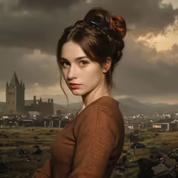 a young woman in brown is standing by the grass