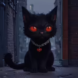 a cat with glowing red eyes and a chain is sitting outside