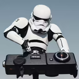 a white robot on a tripod looking at his camera