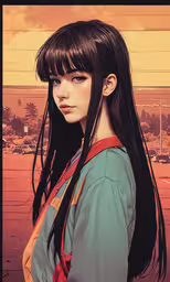 a woman in a painting with a long black hair,a painting of a woman with black hair and bangs