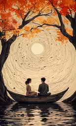 two people sitting in a row boat on the water