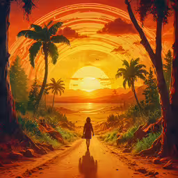 a person walking down a road into the sunset,a person walking down a dirt road under a sunset