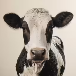 a black and white cow standing in the water
