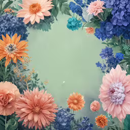 colorful flowers are arranged in a circle,the pink, orange and blue flowers in the bouquet are looking different colors