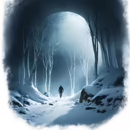 a lone man walks along a snowy trail as the moon rises