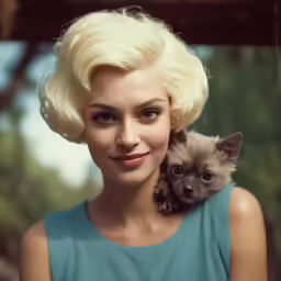 an adorable blonde haired woman holding a kitten